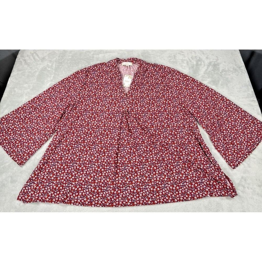 Weekend Suzanne Betro Blouse 2X Burgundy Ditsy Floral Tunic Notch Neck Boho Top